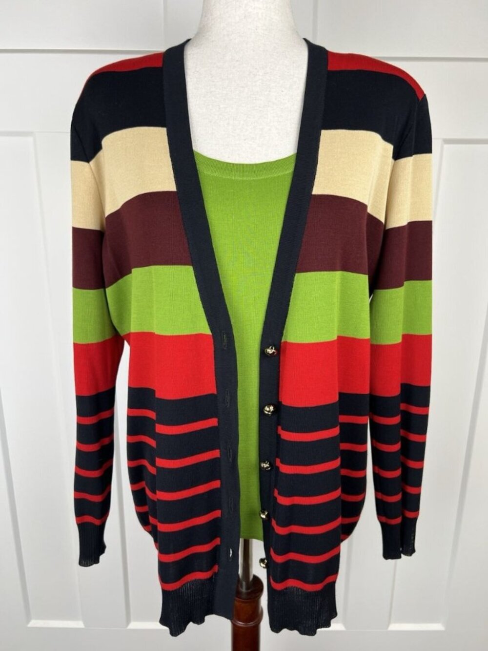 Misook Cardigan Tank Set Women's L Striped Colorblock Sweater Twinset